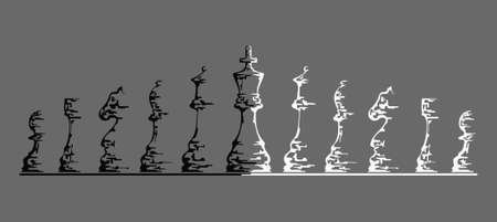 Set of Chess figures in black and white. Silhouettes of chess pieces. Chessboard. Chess icons.のイラスト素材