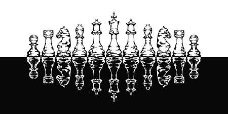 Set of Chess figures in black and white. Silhouettes of chess pieces. Chessboard. Chess icons.のイラスト素材