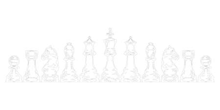 Set of Chess figures in black and white. Silhouettes of chess pieces. Chessboard. Chess icons.のイラスト素材