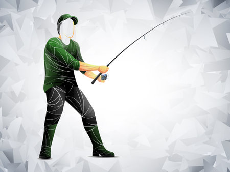Fisherman with fishing rod on a boat fishing. All elements editable.のイラスト素材