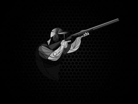 shooting sport rifle. Trap shooting, aiming athlete with gun, isolated vector silhouetteのイラスト素材