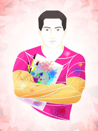 stylized, geometric artist, designer. artist with brush and paint palette on color backgroundのイラスト素材