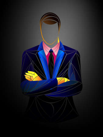 merchant, businessman, business person vector. Portrait of happy businessman with arms crossed standing in officeのイラスト素材