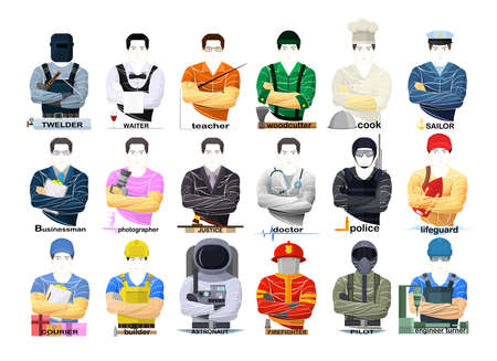 Set of people with different professions white background. Geometric set of professions vectorのイラスト素材