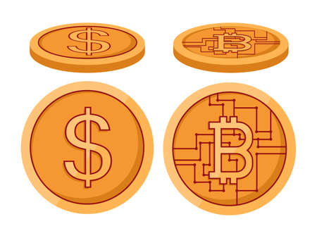 Bitcoin to dollar currency exchange. Bank notes dollar, bitcoin. Symbols of currencies in flat style. Currency symbol icons set.のイラスト素材