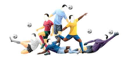 Geometric set of football players on a white background. Blue uniform on athletes vectorのイラスト素材
