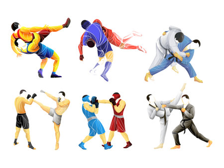 Set of geometric, stylized fighters, athletes on a white background vectorのイラスト素材