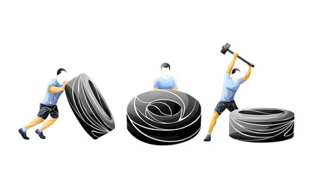 Set of stylized sportsmen, strongmen doing sports, workoutのイラスト素材