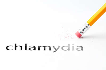 Closeup of pencil eraser and black chlamydia text. Chlamydia. Pencil with eraser.の写真素材