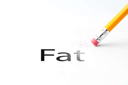 Closeup of pencil eraser and black fat text. Fat. Pencil with eraser.の写真素材