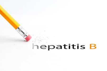 Closeup of pencil eraser and black hepatitis b text. Hepatitis b. Pencil with eraser.の写真素材