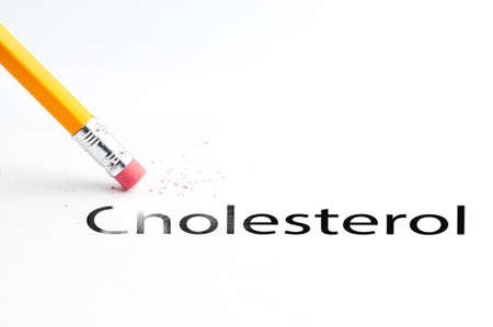 Closeup of pencil eraser and black cholesterol text. Cholesterol. Pencil with eraser.の写真素材