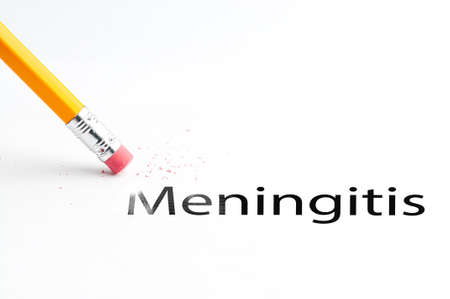 Closeup of pencil eraser and black meningitis text. Meningitis. Pencil with eraser.の写真素材