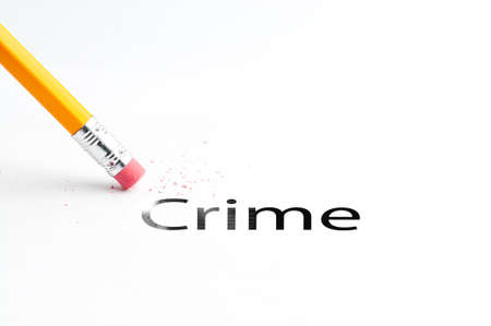 Closeup of pencil eraser and black crime text. Crime. Pencil with eraser.の写真素材