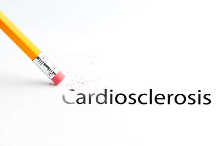 Closeup of pencil eraser and black cardiosclerosis text. Cardiosclerosis. Pencil with eraser.の写真素材
