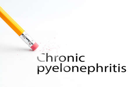Closeup of pencil eraser and black chronic pyelonephritis text. Chronic pyelonephritis. Pencil with eraser.の写真素材