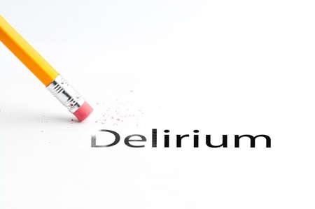 Closeup of pencil eraser and black delirium text. Delirium. Pencil with eraser.の写真素材