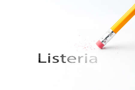 Closeup of pencil eraser and black listeria text. Listeria. Pencil with eraser.の写真素材