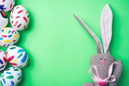 Easter eggs in a green backgroundの写真素材