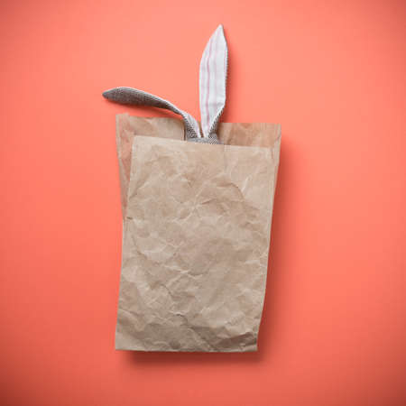 Easter Bunny in a paper bag on the background of the color of coral.