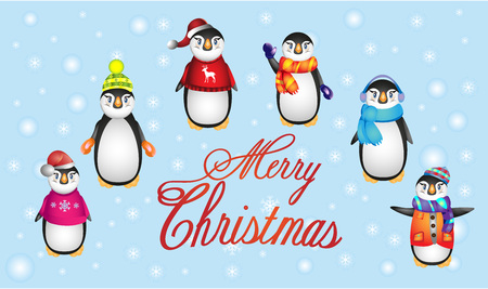 Penguins in warm clothes, Christmas Penguin, vector illustration of cute penguins holiday background, Vector illustration of a Christmas card with penguinsのイラスト素材