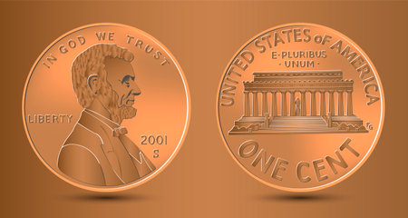 United States one cent or penny, coin with President Abraham Lincoln on obverse and Lincoln Memorial on reverse. American money, Lincoln Memorial. Vector.のイラスト素材