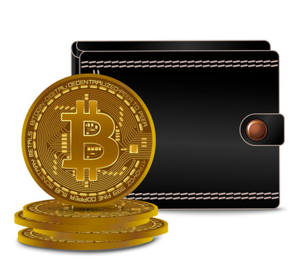 bitcoin wallet. Vector illustration with black wallet and few bitcoins, isolated on white background.のイラスト素材