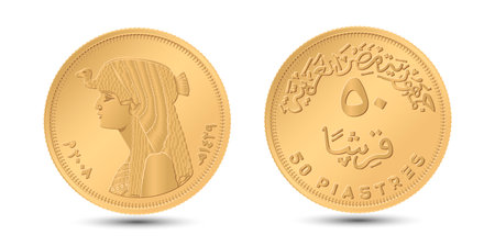 50 piastres. Reverse and obverse of Egyptian fifty piastres coin in vector illustration.のイラスト素材