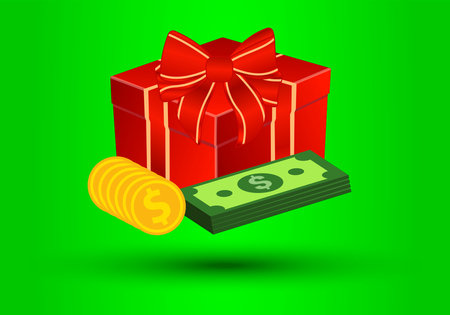 Gift box with red ribbon, bonus money.のイラスト素材