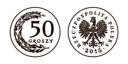 Fifty Poland Groschen coin isolated on white background. Reverse and obverse of fifty Poland Groschen coin. black and white. vector illustration.のイラスト素材