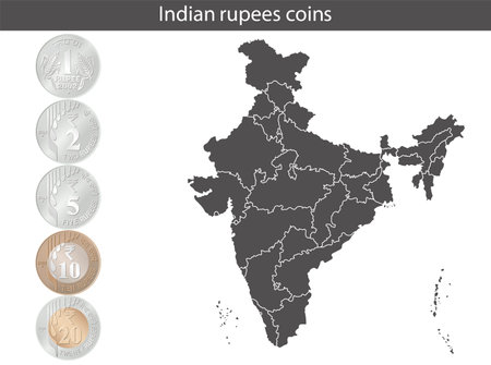 Rupee coins with India map. Set of coins, Indian rupees.のイラスト素材