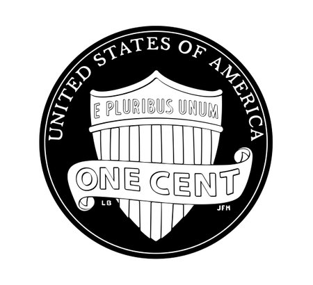 Vector American money, one cent coin, 2010-2024. The coin is depicted in black and white. Vector illustration.のイラスト素材