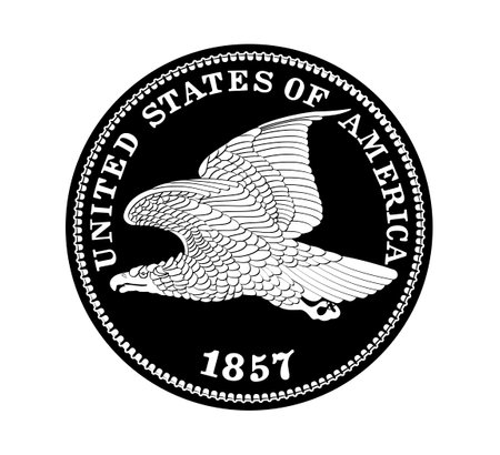 Vector American money, one cent coin, 1857. The coin is depicted in black and white. Vector illustration.のイラスト素材