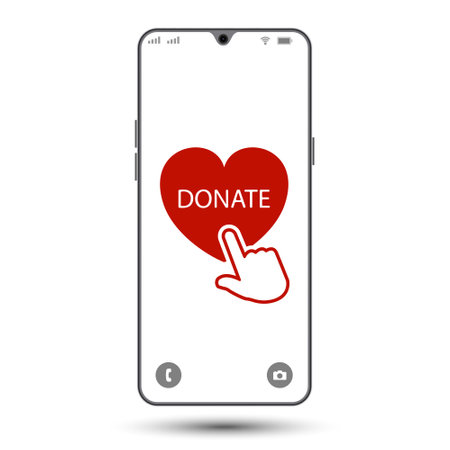 Smartphone with red heart symbol on the screen. Donation by online payments. Financial support.のイラスト素材