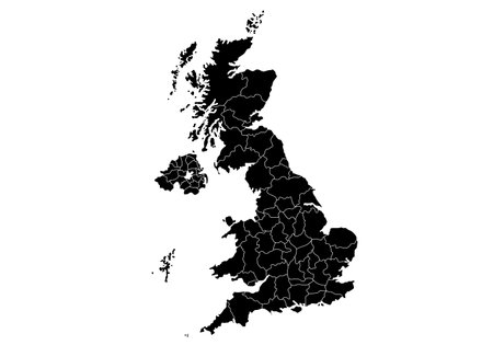 The United Kingdom country map. Map of the United Kingdom in gray color. A gray vector map of the United Kingdom by area.のイラスト素材