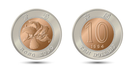 Reverse and obverse of Hong Kong coins 10 dollars 1994 years. Vector illustration.のイラスト素材
