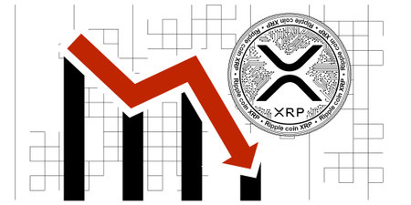 Cryptocurrency coin with a XRP symbol on the face. XRP fall chart. Vector illustration.のイラスト素材