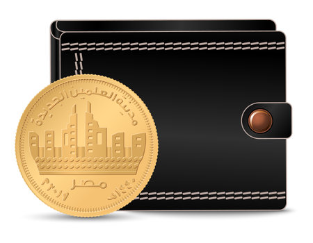 Egyptian money with a wallet in the background. 50 piastres Egypt, city of El Alamein. A 50 piastres coin next to the wallet. Vector illustration.のイラスト素材