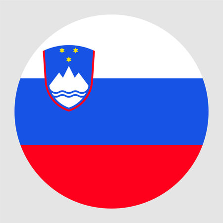 Circular vector illustration of the Slovenia flag with coat of arms, isolated on grey background.のイラスト素材