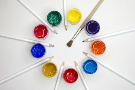 Hobby. Paints, brushes, pencils. White backgroundの写真素材