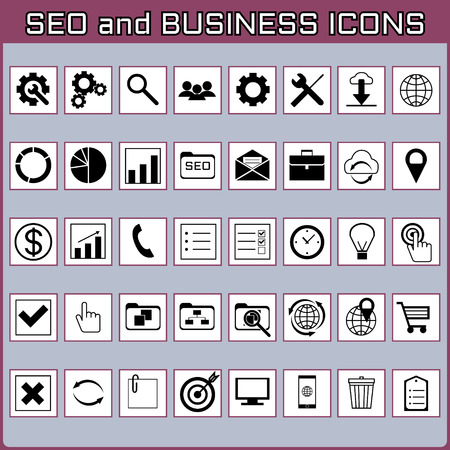Flat minimal black and white icon set. SEO development, Internet, business organisation, company project.のイラスト素材