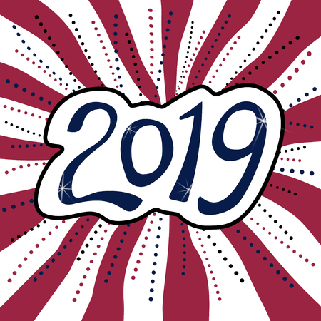 New Year 2019 sticker on striped background. Greeting illustration with handwritten lettering 2019 numbers sign, shiny stars, red and white ribbons, dots confetti on background, creative design.のイラスト素材