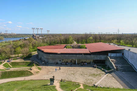 Memorable Cossack cross on the island of Khortytsya. The Dnieper river, Zaporizhzhia, Ukraine. April...