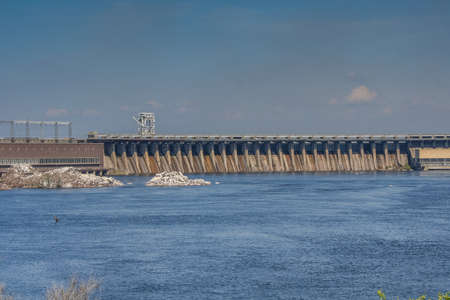 View of the Dnieper hydroelectric power plant  (DnieproGES) on the island of Khortytsya. The City Of...