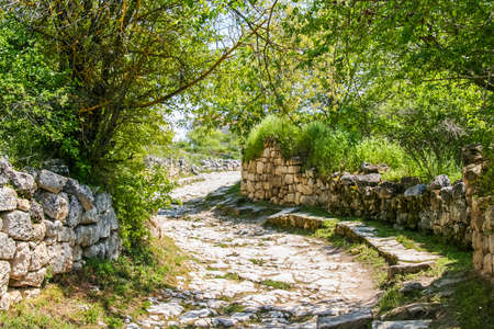 Chufut-Kale, formerly Kirk-Or (Judean Fortress) is a medieval fortress town in the mountainous region of the Crimea, 3 km east of Bakhchisaray, now in ruins. Crimea, Ukraine. May 2009のeditorial素材