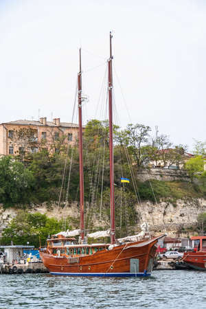 Peaceful wooden walking sailing Ukrainian ship in the bay of Sevastopol. Crimea, Ukraine. May 2009の写真素材