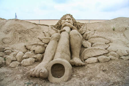 The motto of the sculptured sandstone is Sandland on the beach of Lara in Antalya. Mediterranean Sea, Turkey. July 2009のeditorial素材