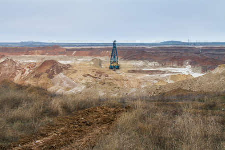 Excavator dragline in kaolin careers in the Zaporozhye region. Ukraine. January 2018