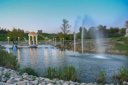 Fountains "Rainbow" on the waterfront in the city of Zaporozhye. Ukraine. April 2010の写真素材