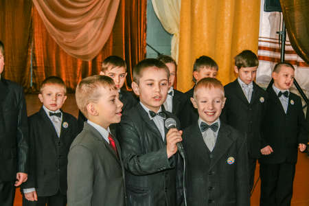 New Year decorated Christmas tree in high school. Gymnasium "Foundation". city of Pologi, the Zaporozhye region, Ukraine. December 2009のeditorial素材